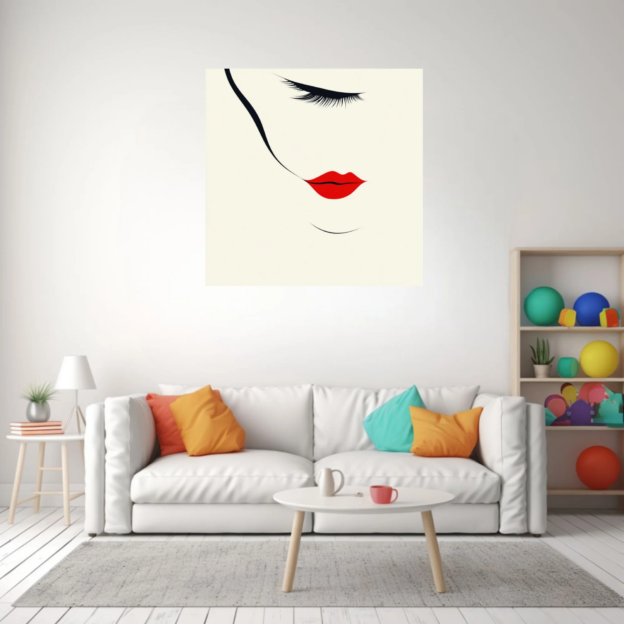 Minimalist abstract woman portrait, red lips, black lashes, ivory background