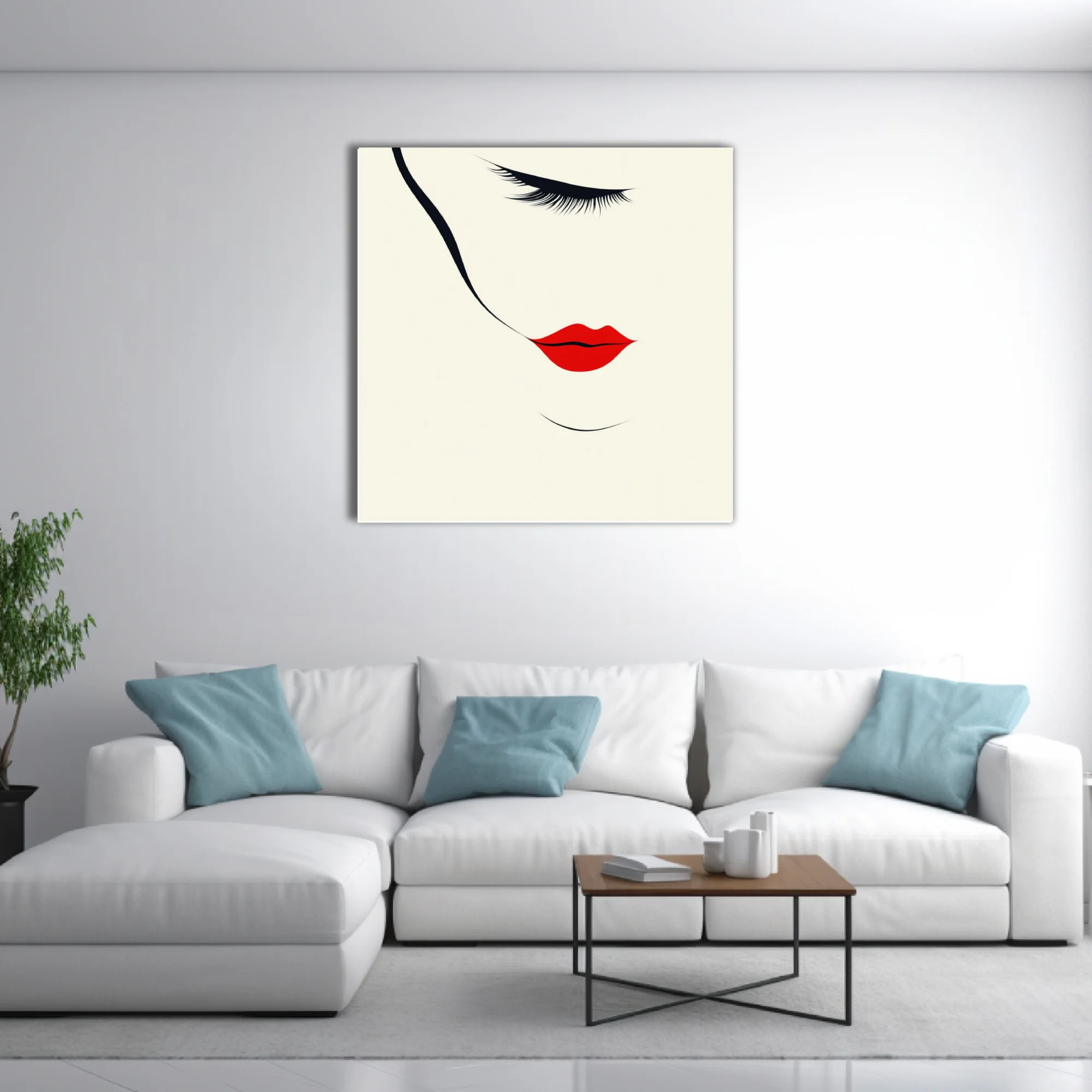 Minimalist abstract woman portrait, red lips, black lashes, ivory background