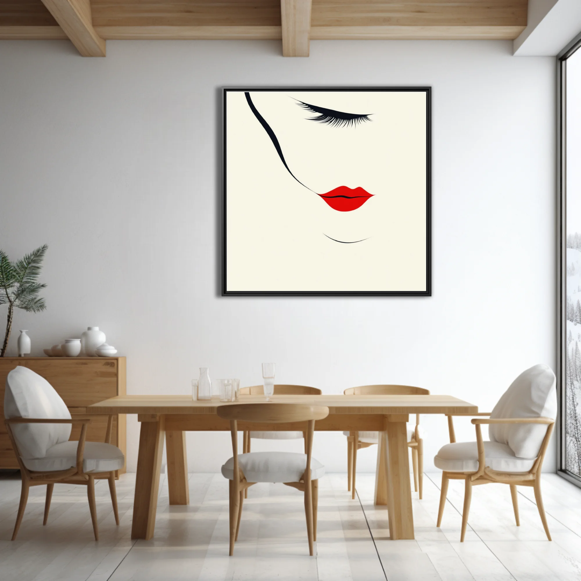Minimalist abstract woman portrait, red lips, black lashes, ivory background