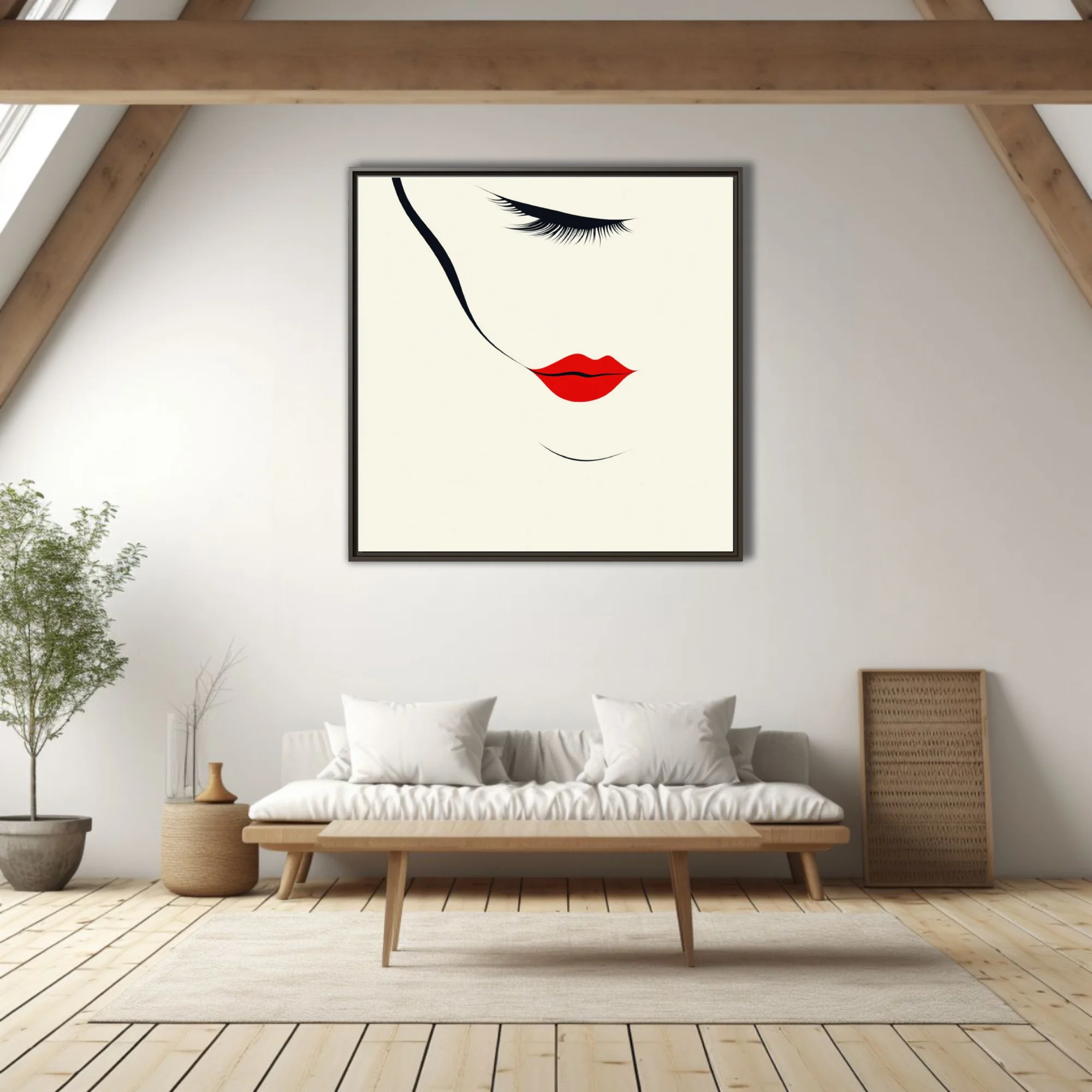 Minimalist abstract woman portrait, red lips, black lashes, ivory background
