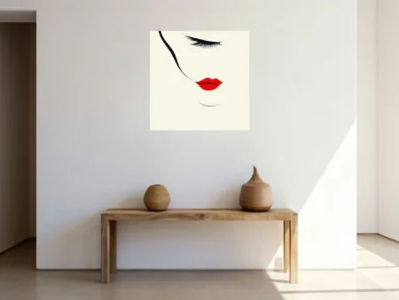 Minimalist abstract woman portrait, red lips, black lashes, ivory background