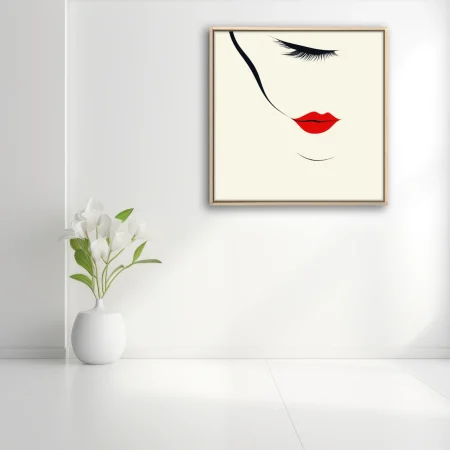 Minimalist abstract woman portrait, red lips, black lashes, ivory background