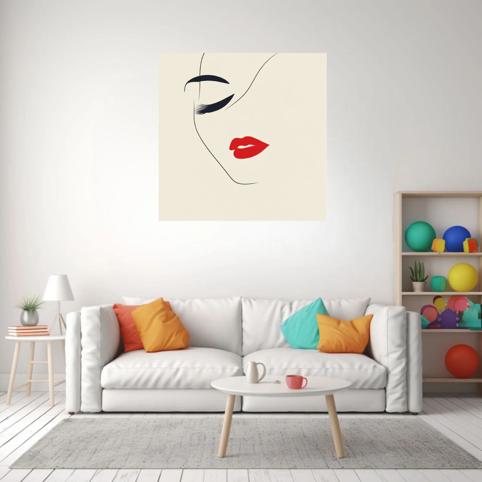 Minimalist line-art feminine portrait with red lips and dark lashes on cream background