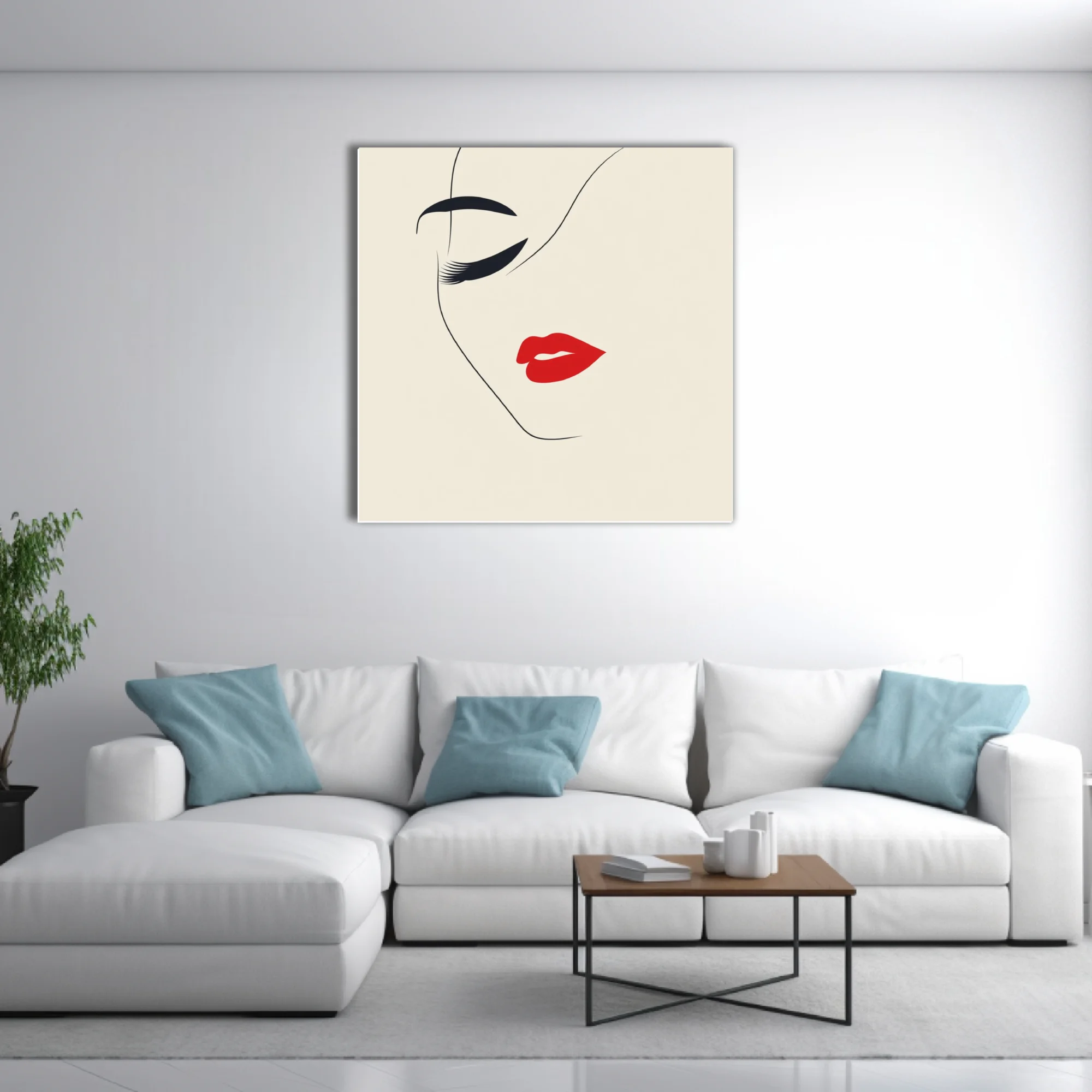 Minimalist line-art feminine portrait with red lips and dark lashes on cream background