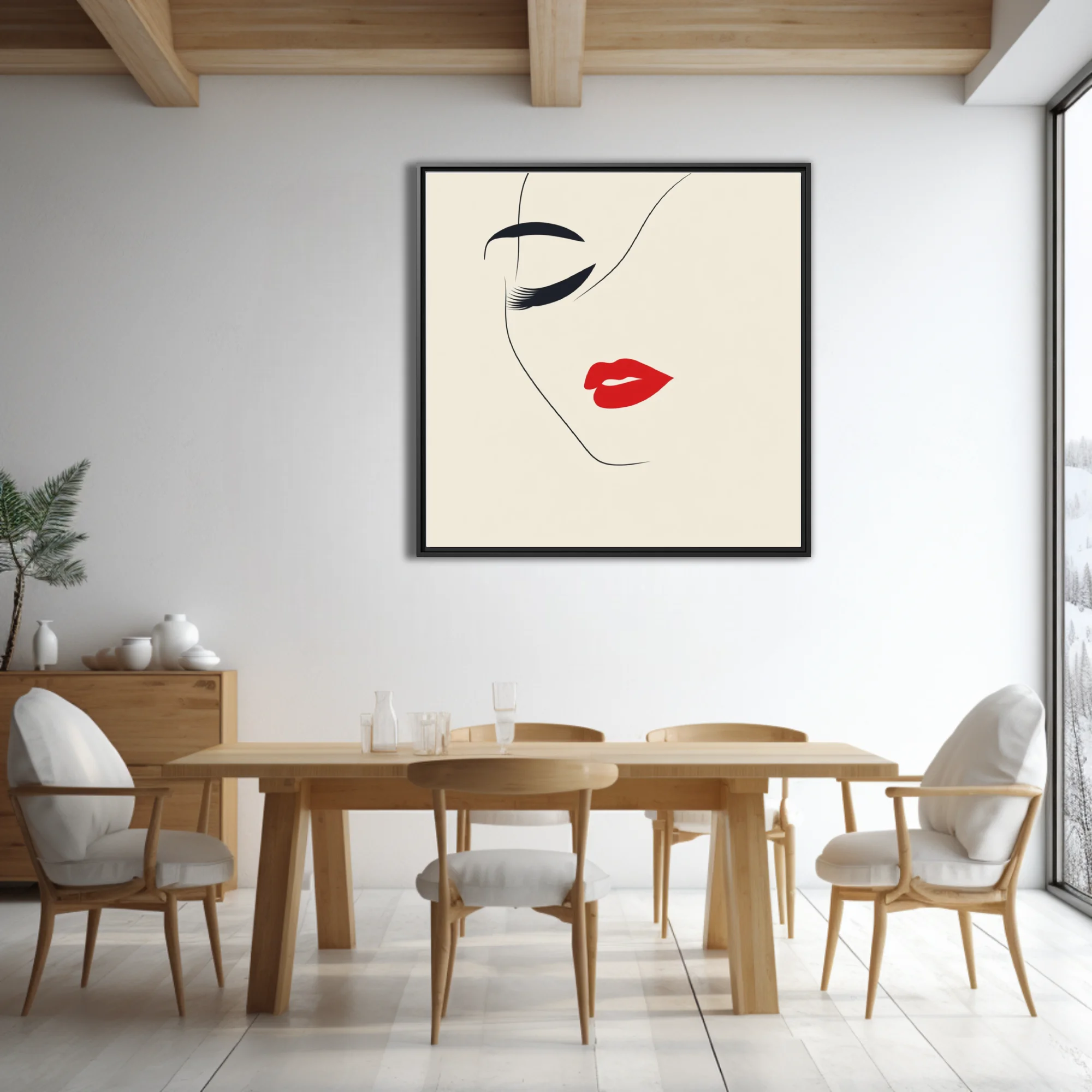 Minimalist line-art feminine portrait with red lips and dark lashes on cream background