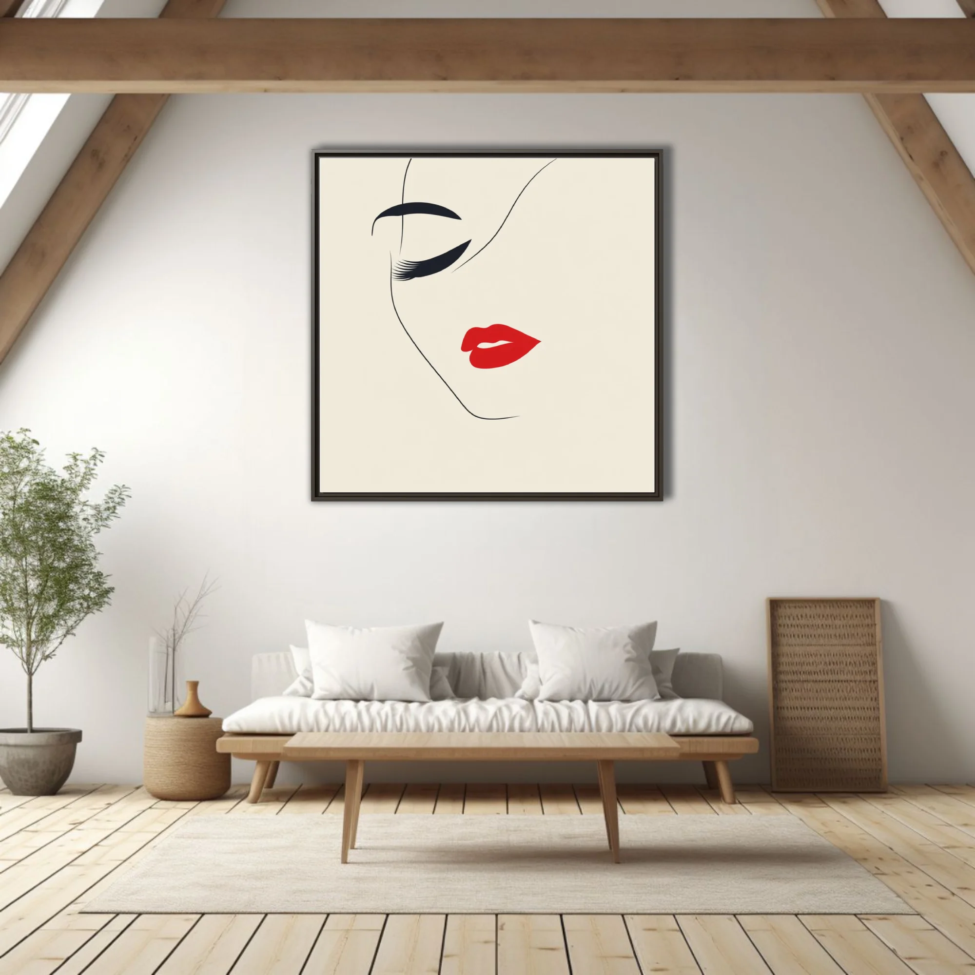 Minimalist line-art feminine portrait with red lips and dark lashes on cream background