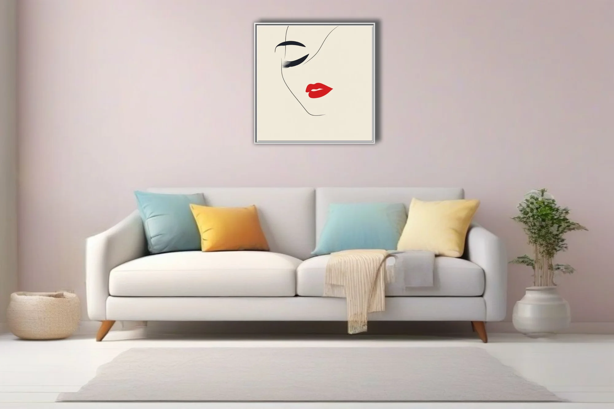 Minimalist line-art feminine portrait with red lips and dark lashes on cream background
