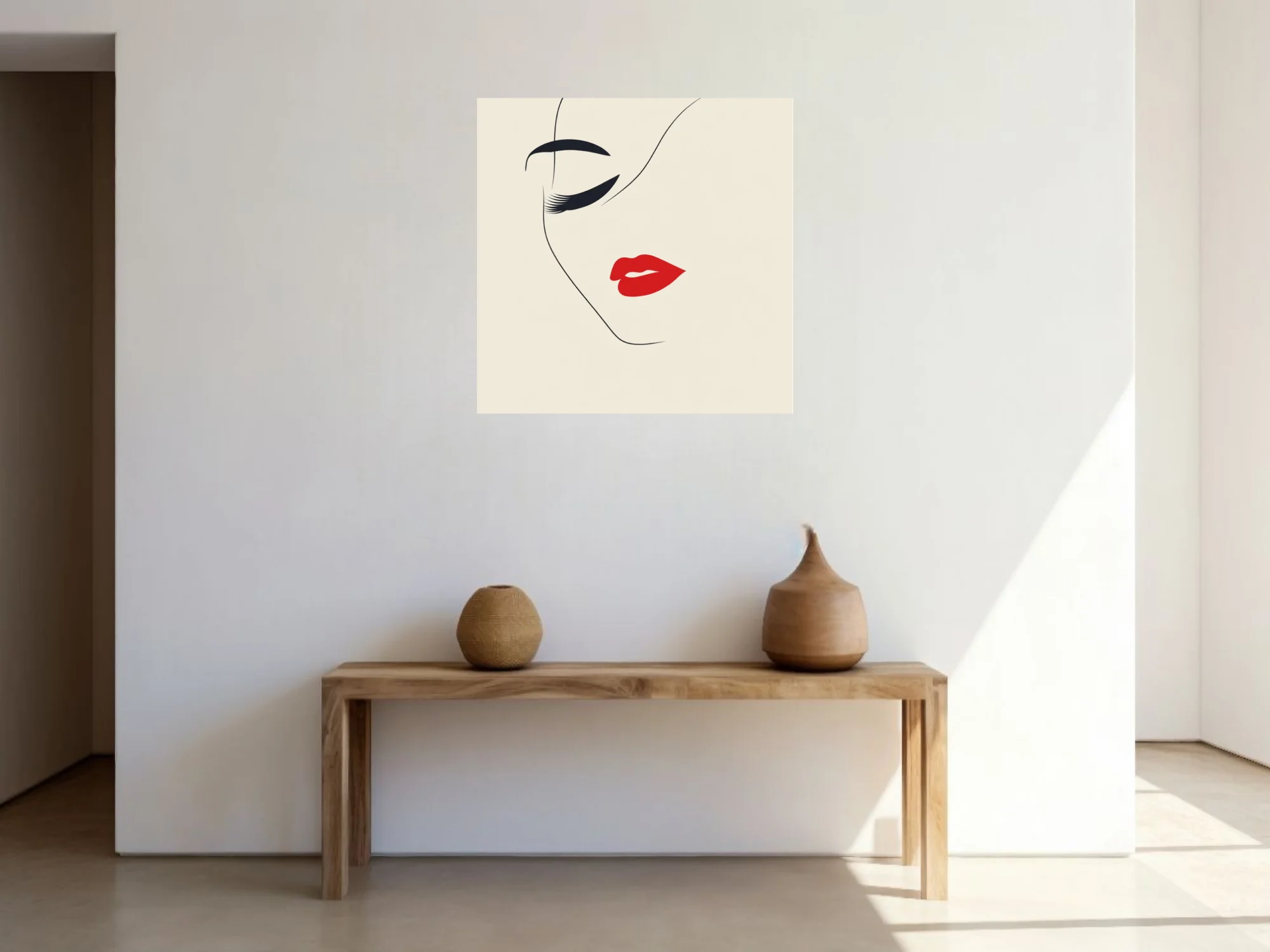 Minimalist line-art feminine portrait with red lips and dark lashes on cream background