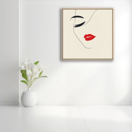 Minimalist line-art feminine portrait with red lips and dark lashes on cream background