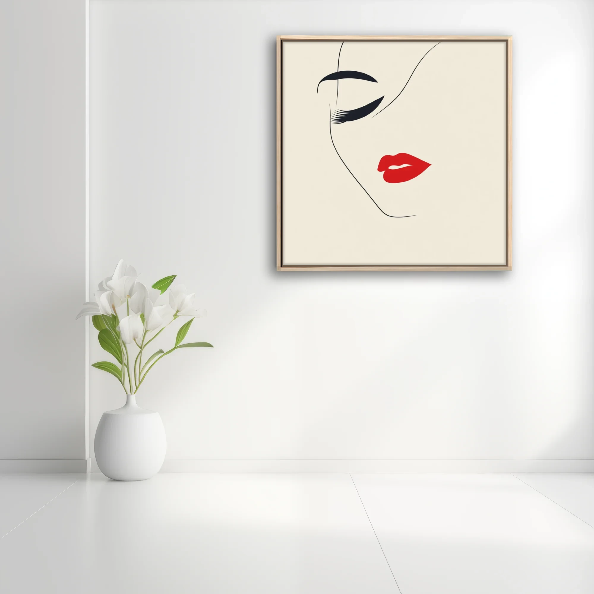 Minimalist line-art feminine portrait with red lips and dark lashes on cream background