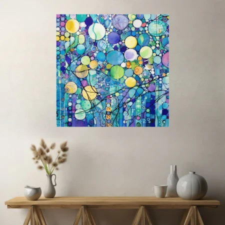 Watercolor-style zentangle abstract with jewel-toned circles and mosaic patterning