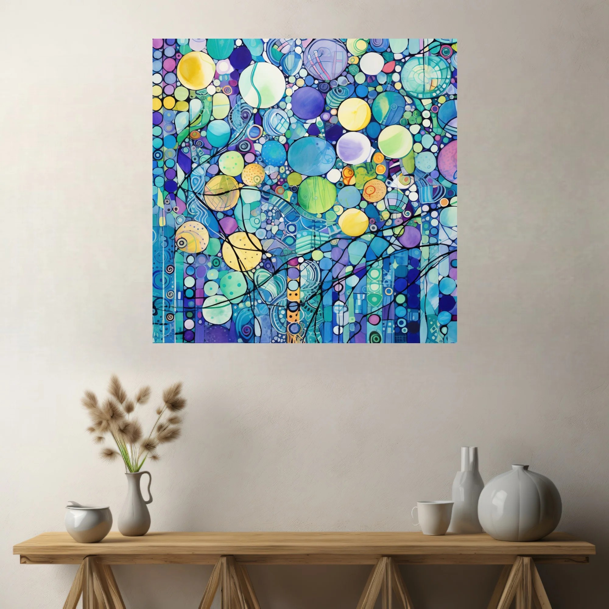 Watercolor-style zentangle abstract with jewel-toned circles and mosaic patterning