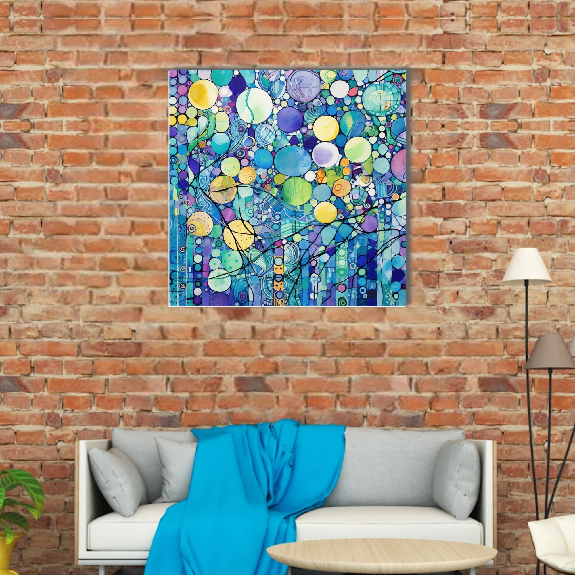 Watercolor-style zentangle abstract with jewel-toned circles and mosaic patterning