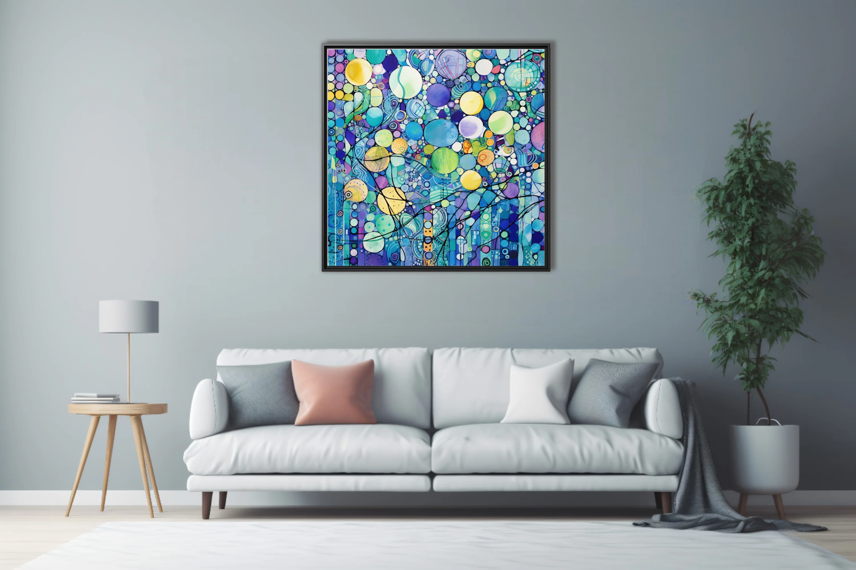 Watercolor-style zentangle abstract with jewel-toned circles and mosaic patterning