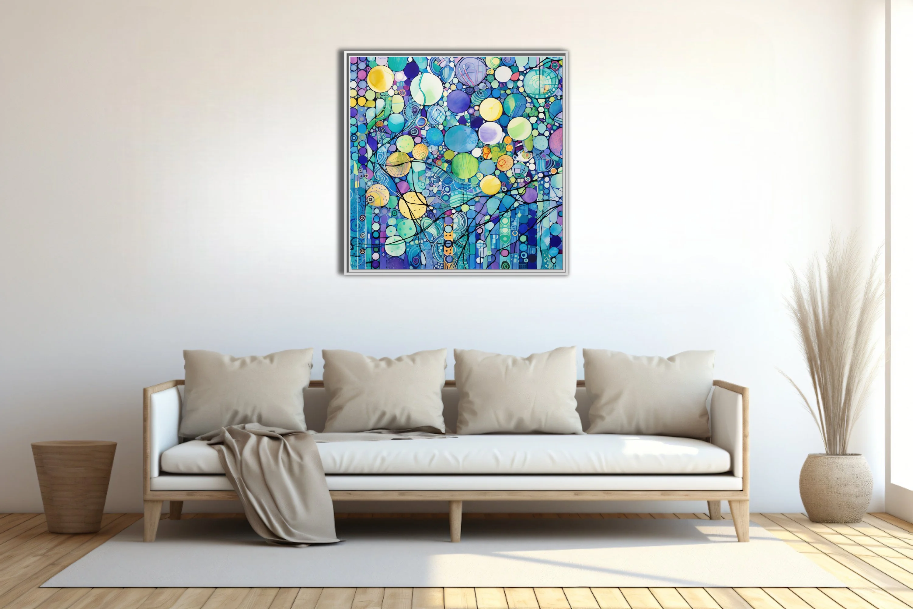 Watercolor-style zentangle abstract with jewel-toned circles and mosaic patterning