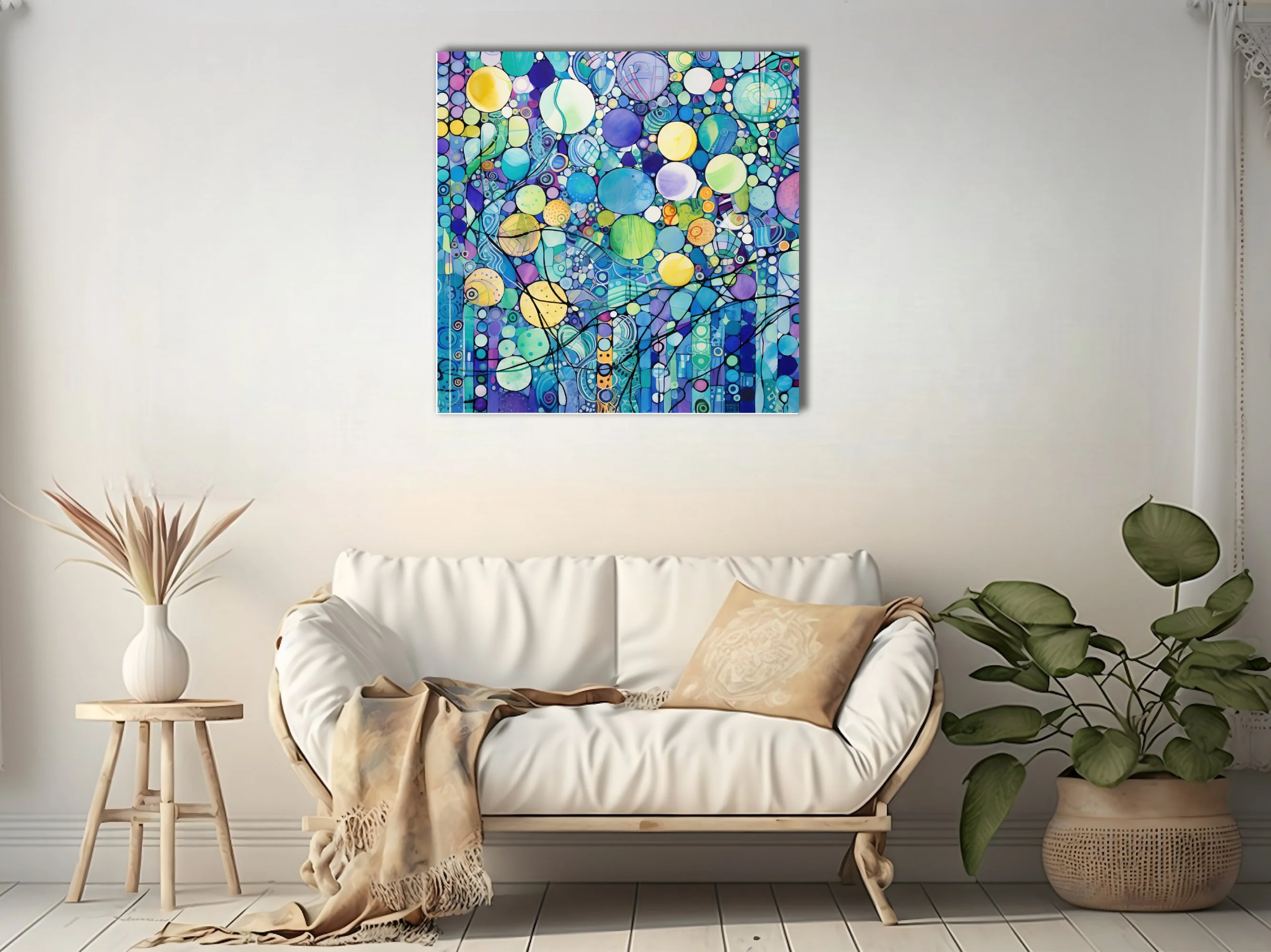 Watercolor-style zentangle abstract with jewel-toned circles and mosaic patterning