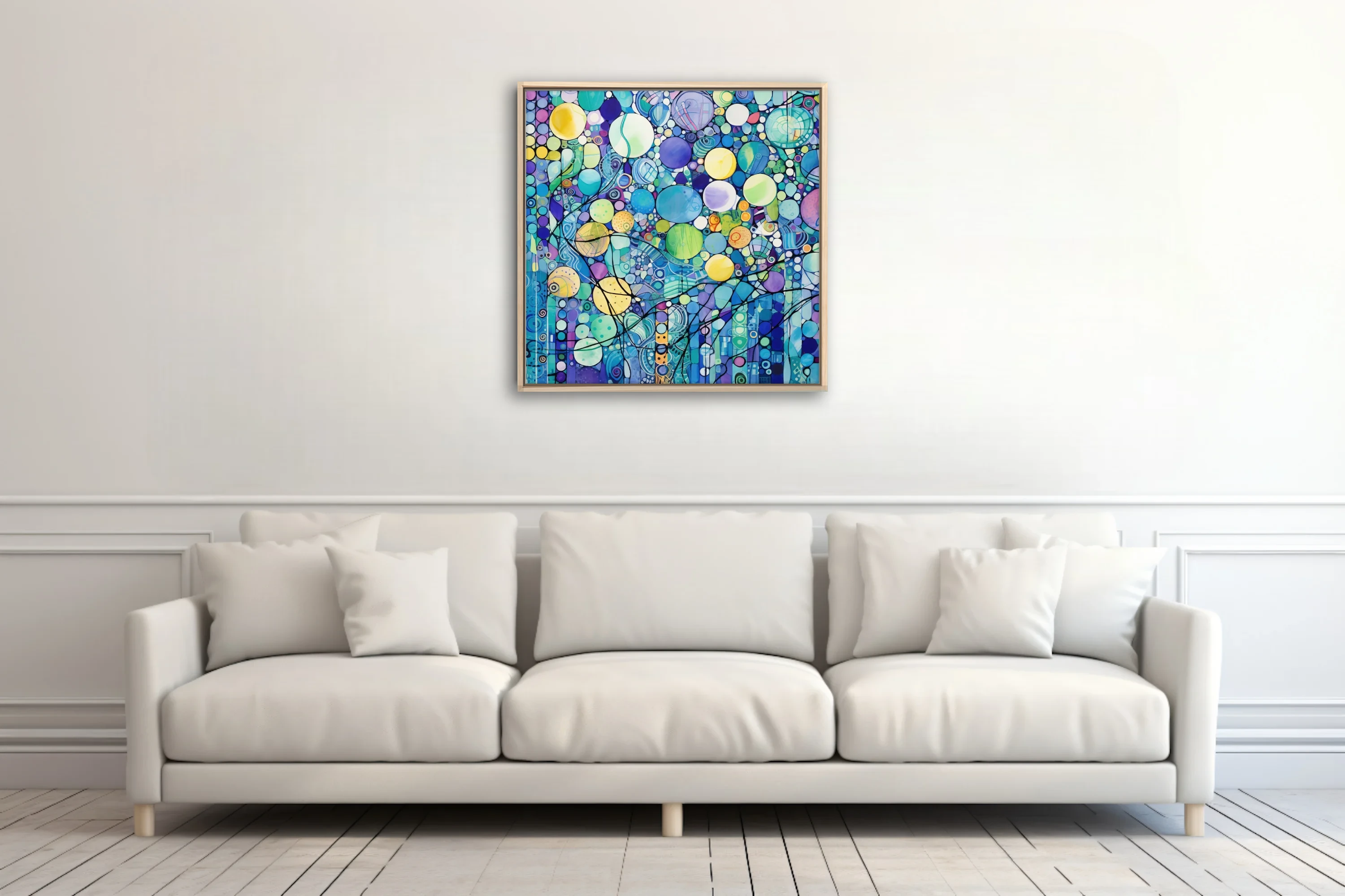 Watercolor-style zentangle abstract with jewel-toned circles and mosaic patterning