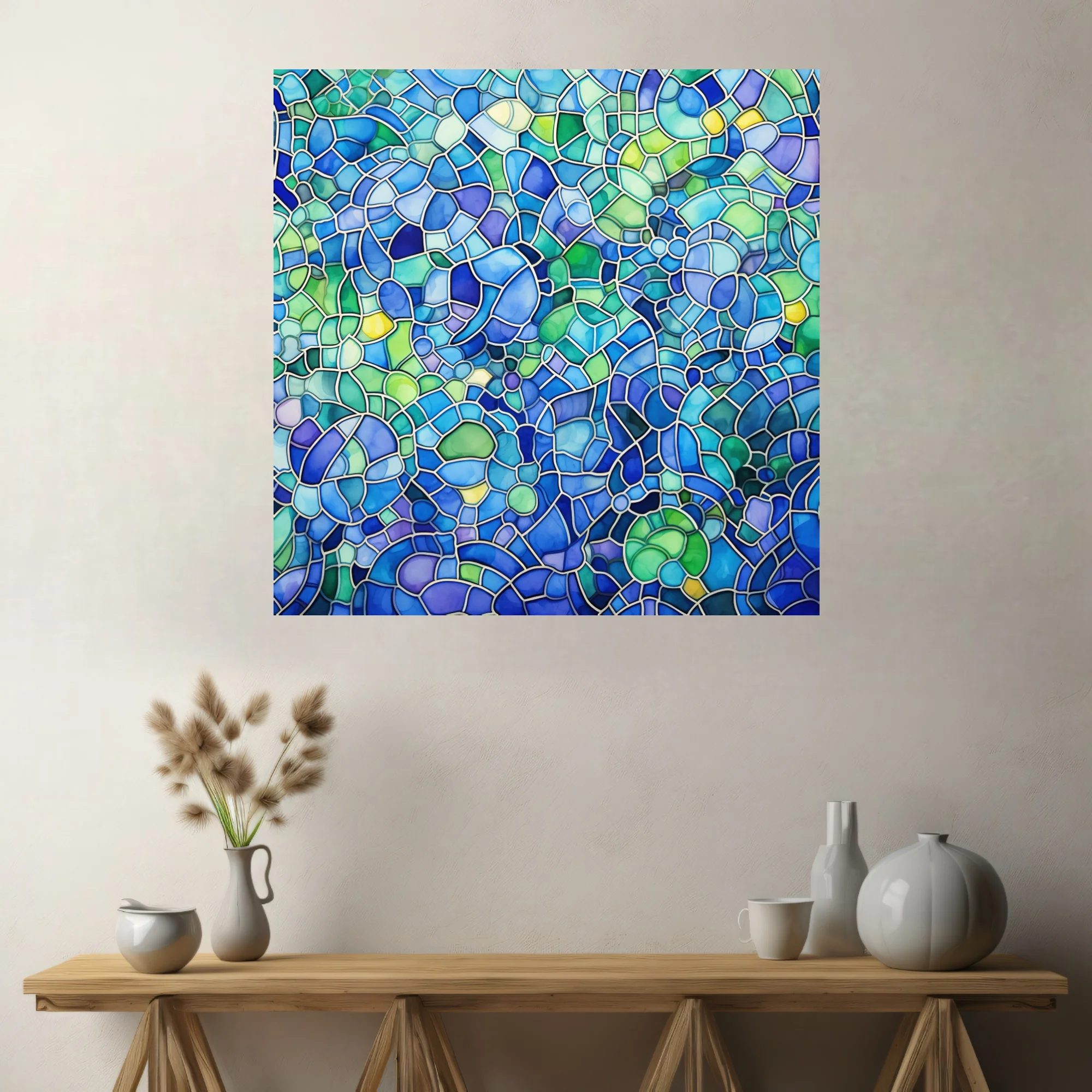 Stained-glass-style abstract mosaic in cobalt, teal, and lime green