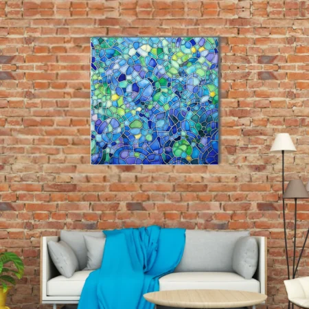Stained-glass-style abstract mosaic in cobalt, teal, and lime green