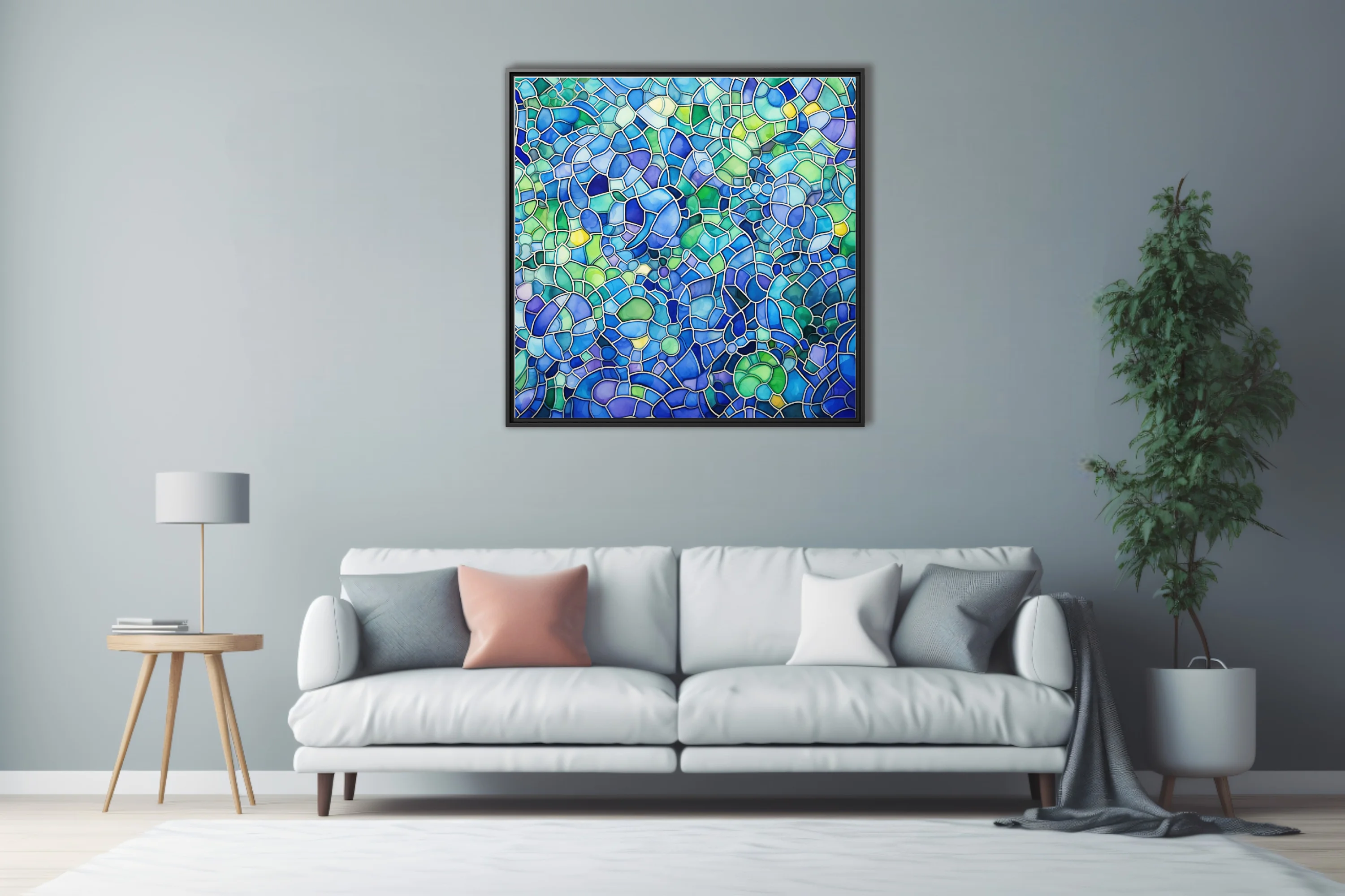 Stained-glass-style abstract mosaic in cobalt, teal, and lime green