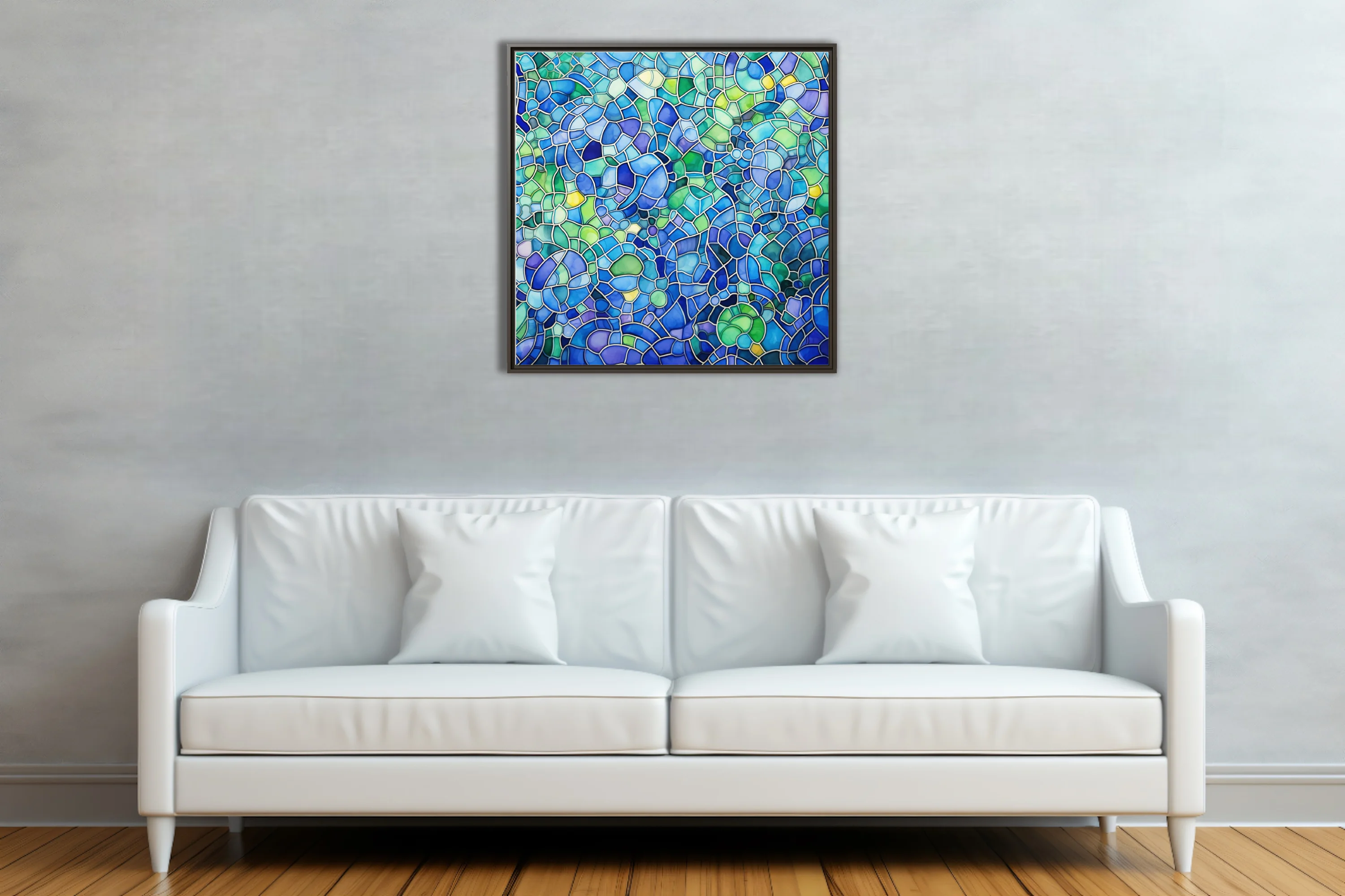 Stained-glass-style abstract mosaic in cobalt, teal, and lime green