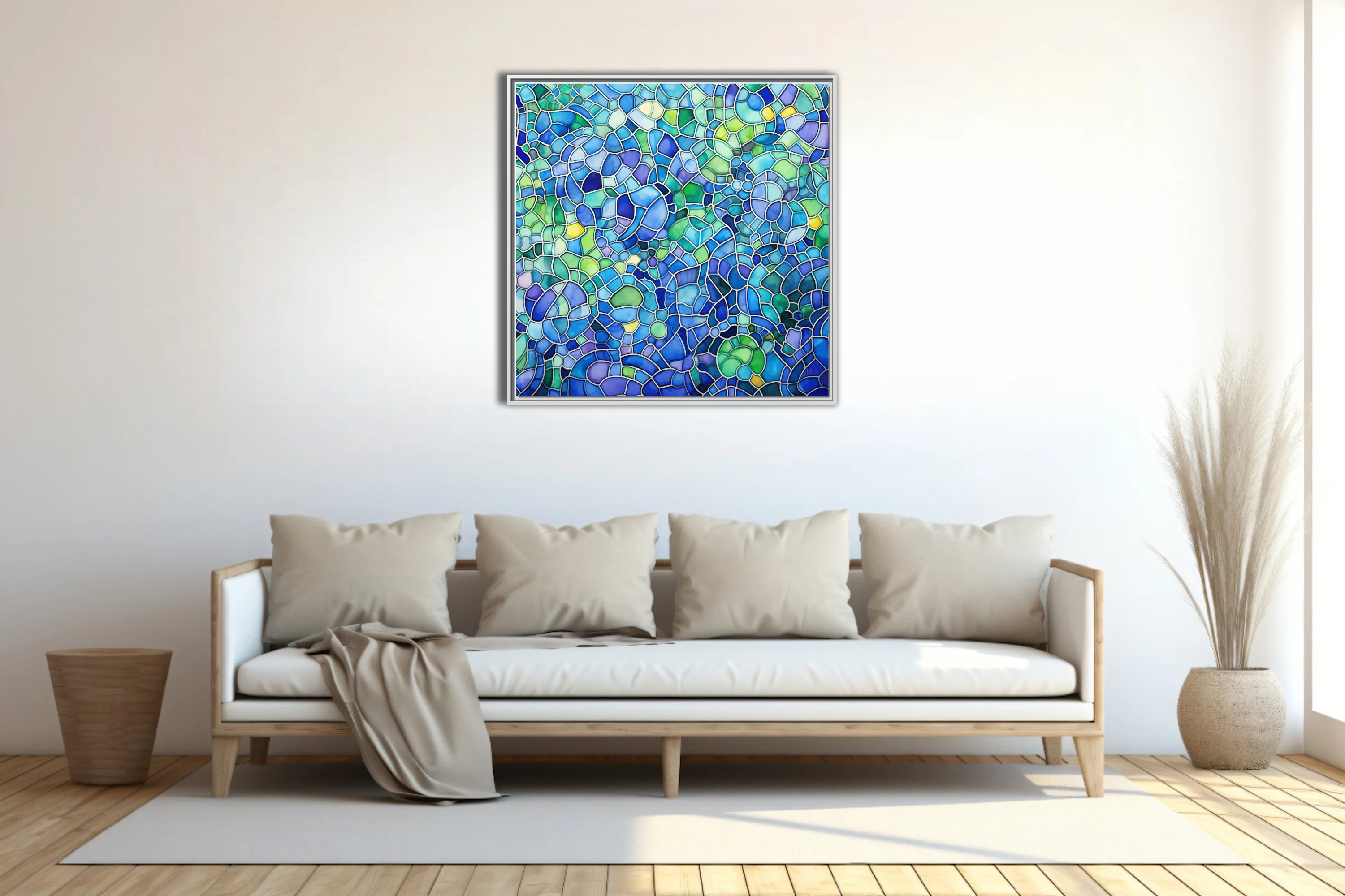 Stained-glass-style abstract mosaic in cobalt, teal, and lime green