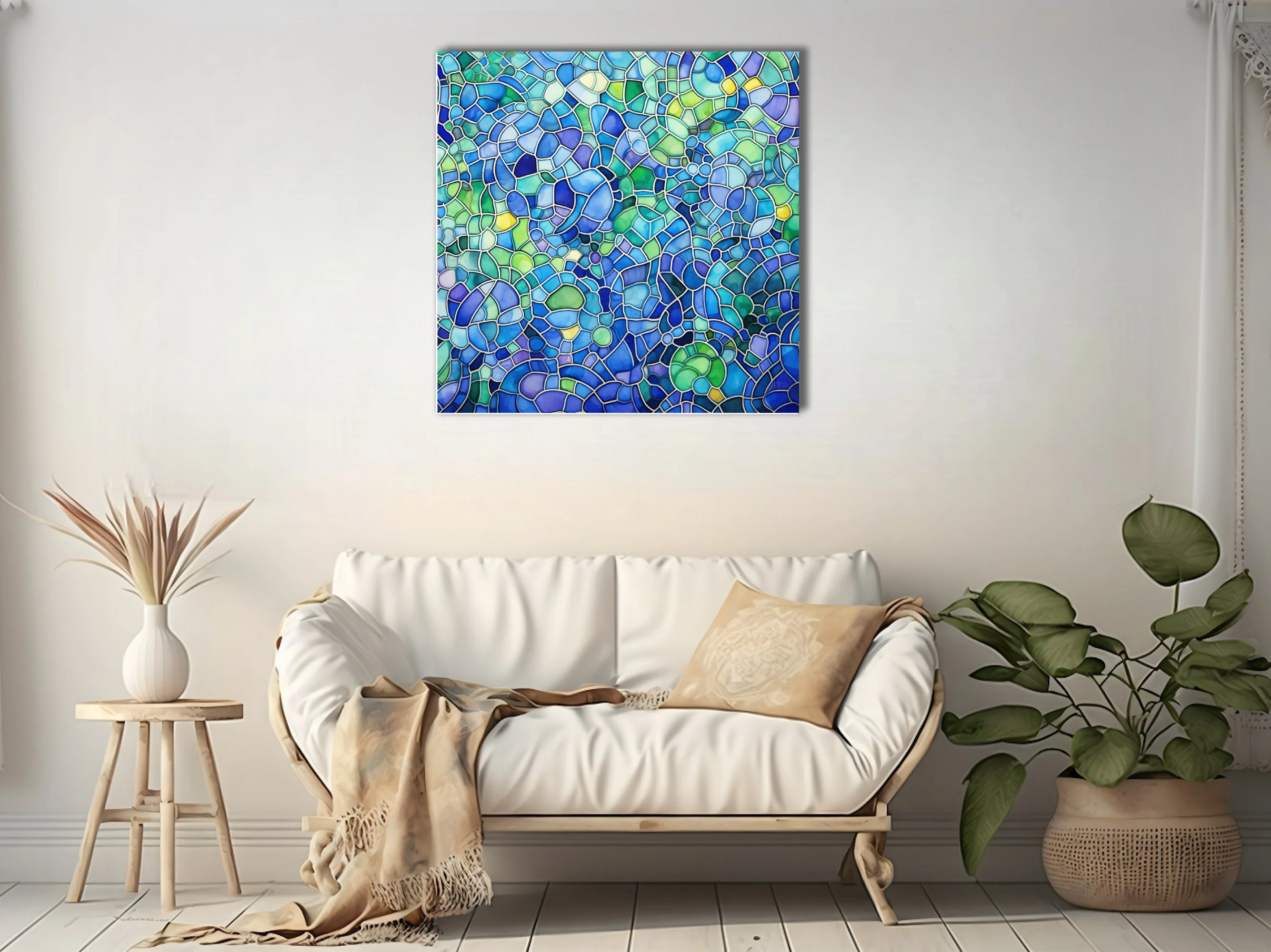 Stained-glass-style abstract mosaic in cobalt, teal, and lime green