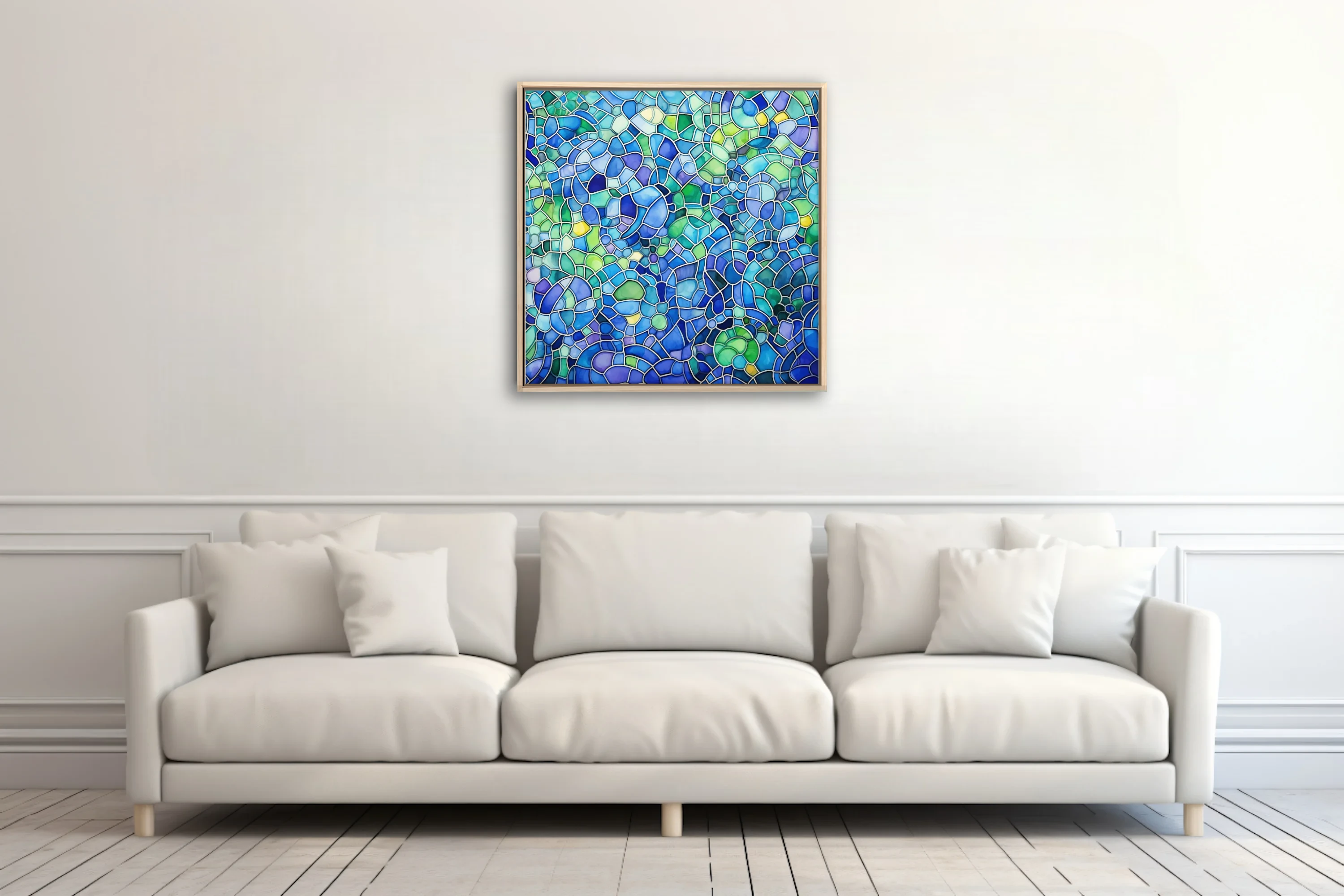 Stained-glass-style abstract mosaic in cobalt, teal, and lime green