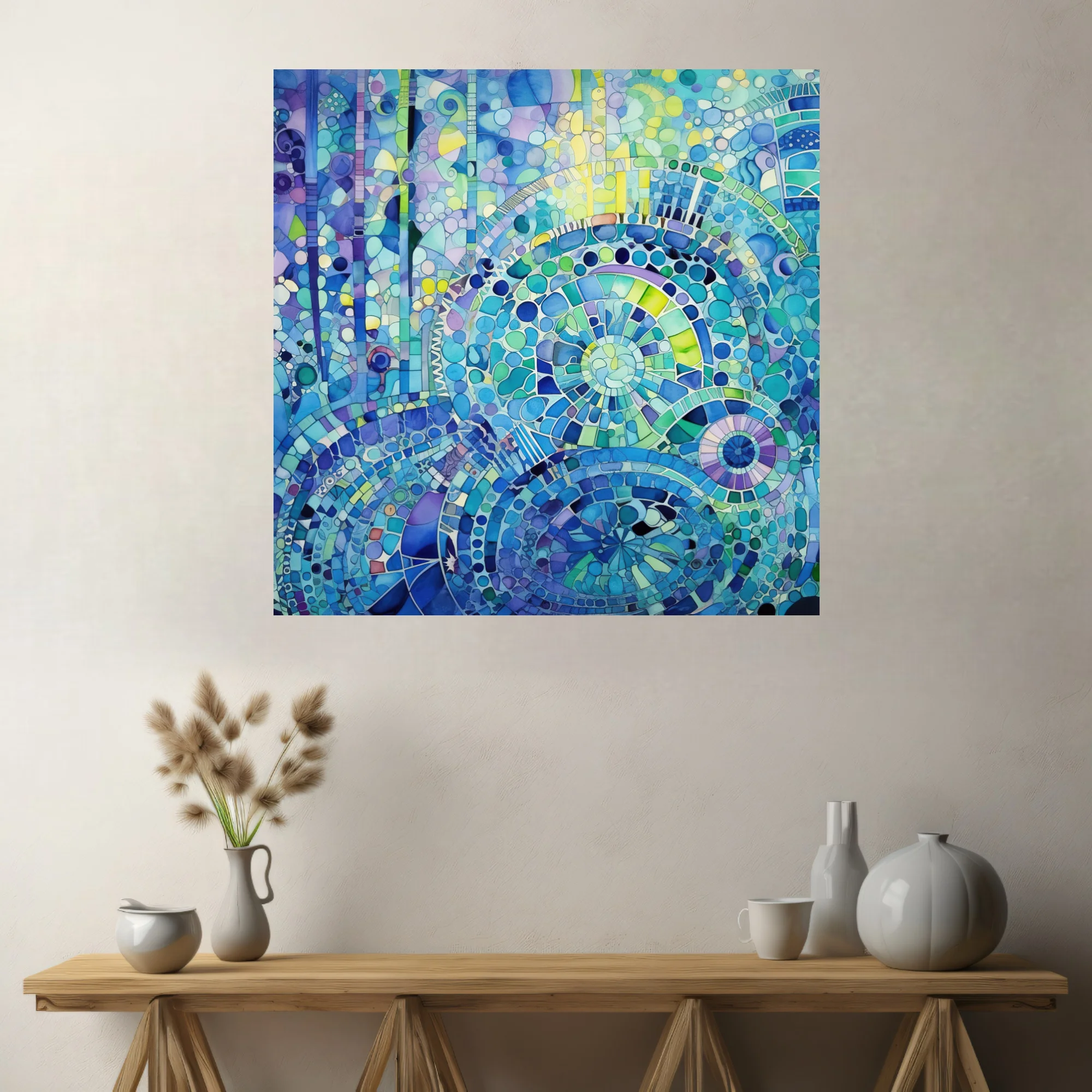 Watercolor-style abstract mosaic mandala in blue teal and green spiral patterns