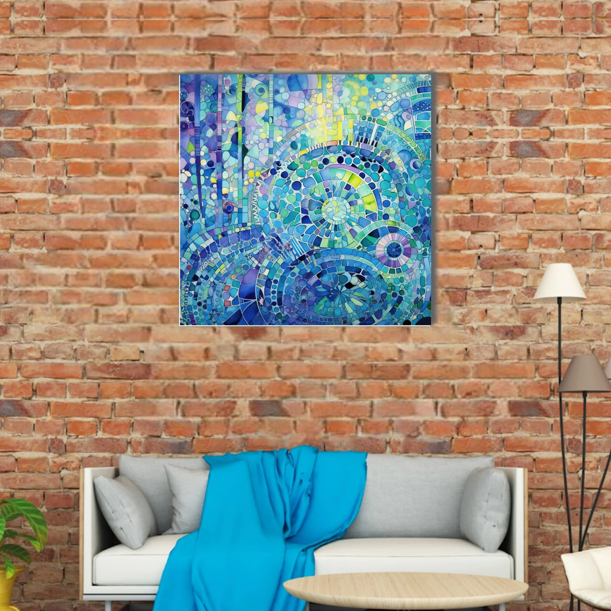 Watercolor-style abstract mosaic mandala in blue teal and green spiral patterns