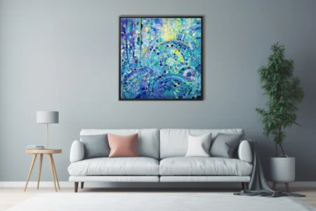 Watercolor-style abstract mosaic mandala in blue teal and green spiral patterns