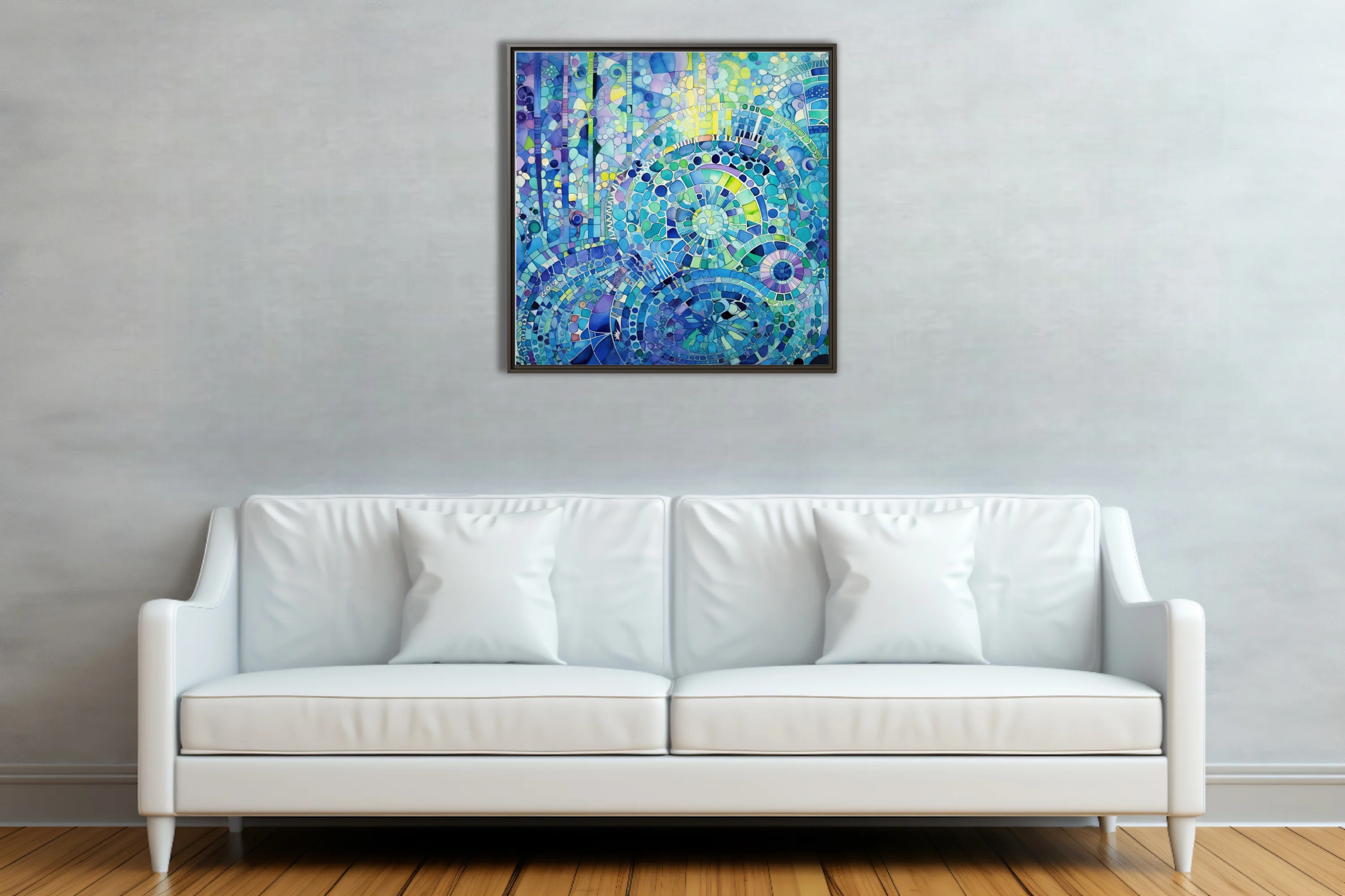 Watercolor-style abstract mosaic mandala in blue teal and green spiral patterns