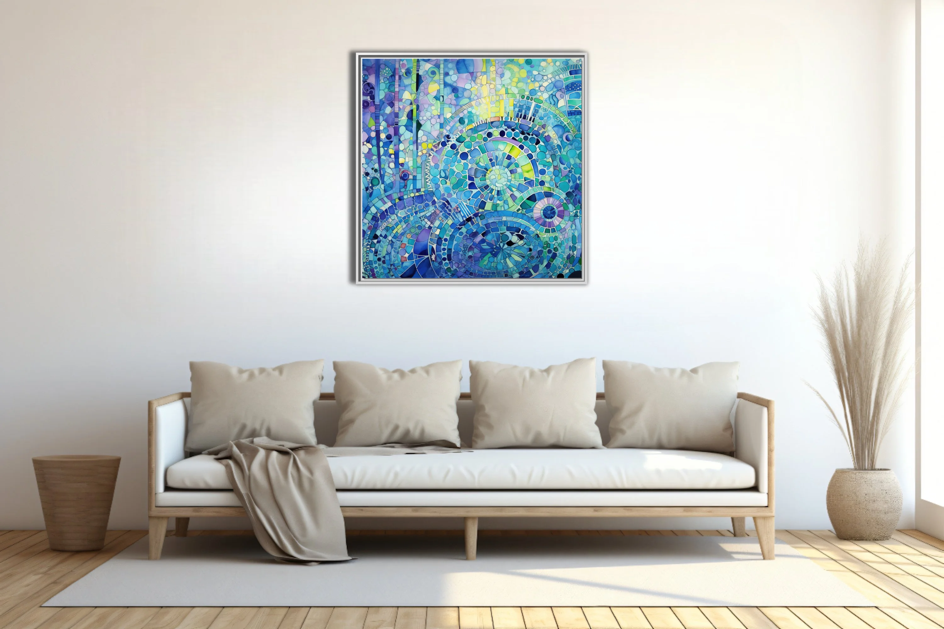 Watercolor-style abstract mosaic mandala in blue teal and green spiral patterns