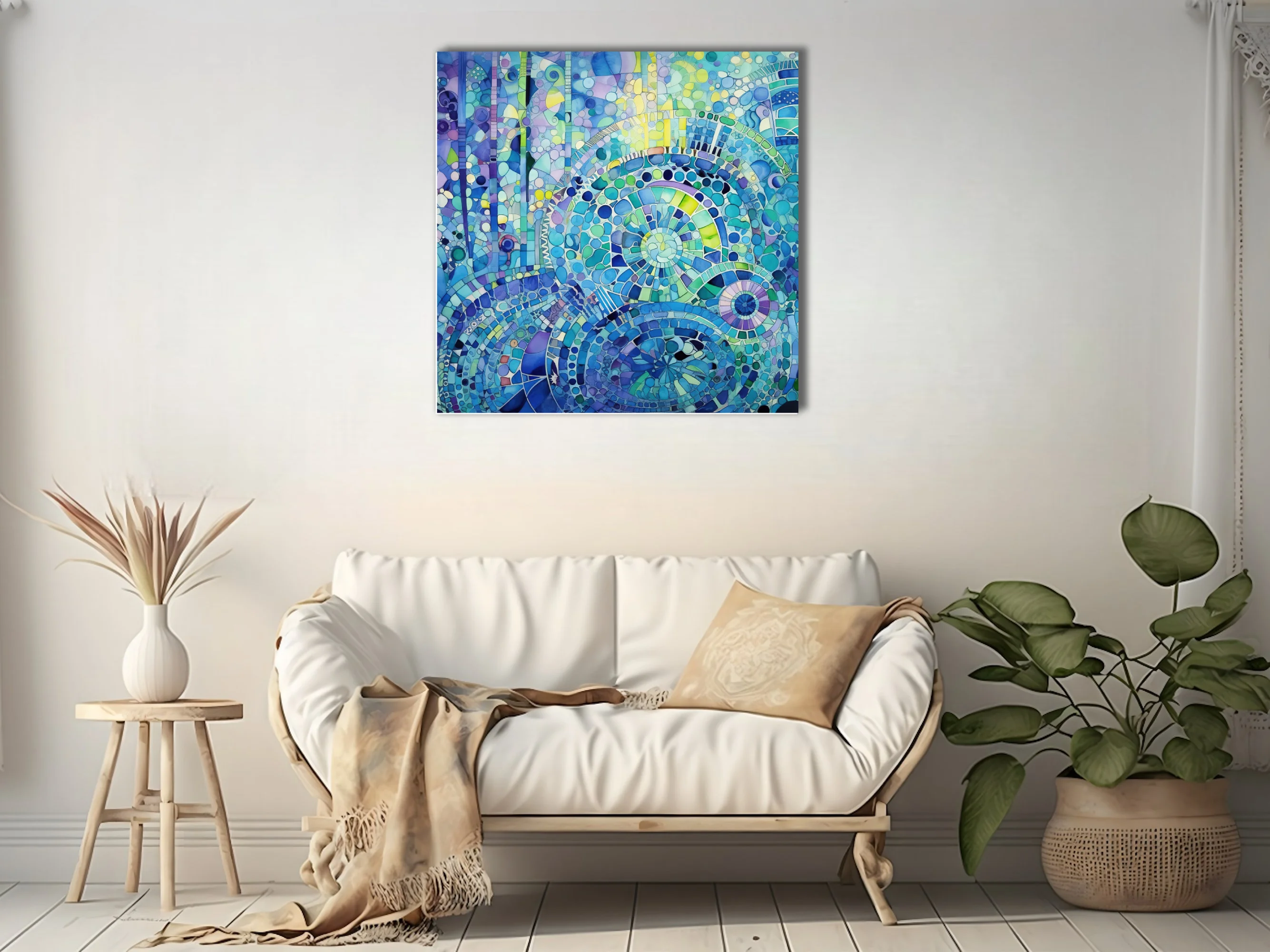 Watercolor-style abstract mosaic mandala in blue teal and green spiral patterns