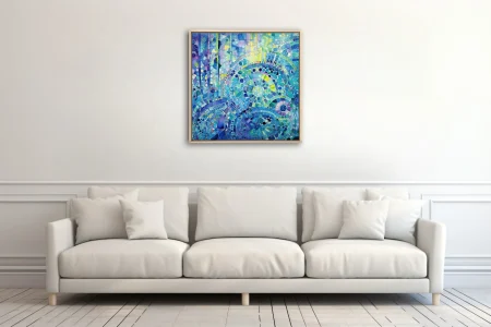 Watercolor-style abstract mosaic mandala in blue teal and green spiral patterns