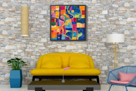 Abstract mosaic with sinuous gold lines and vivid multicolored grid