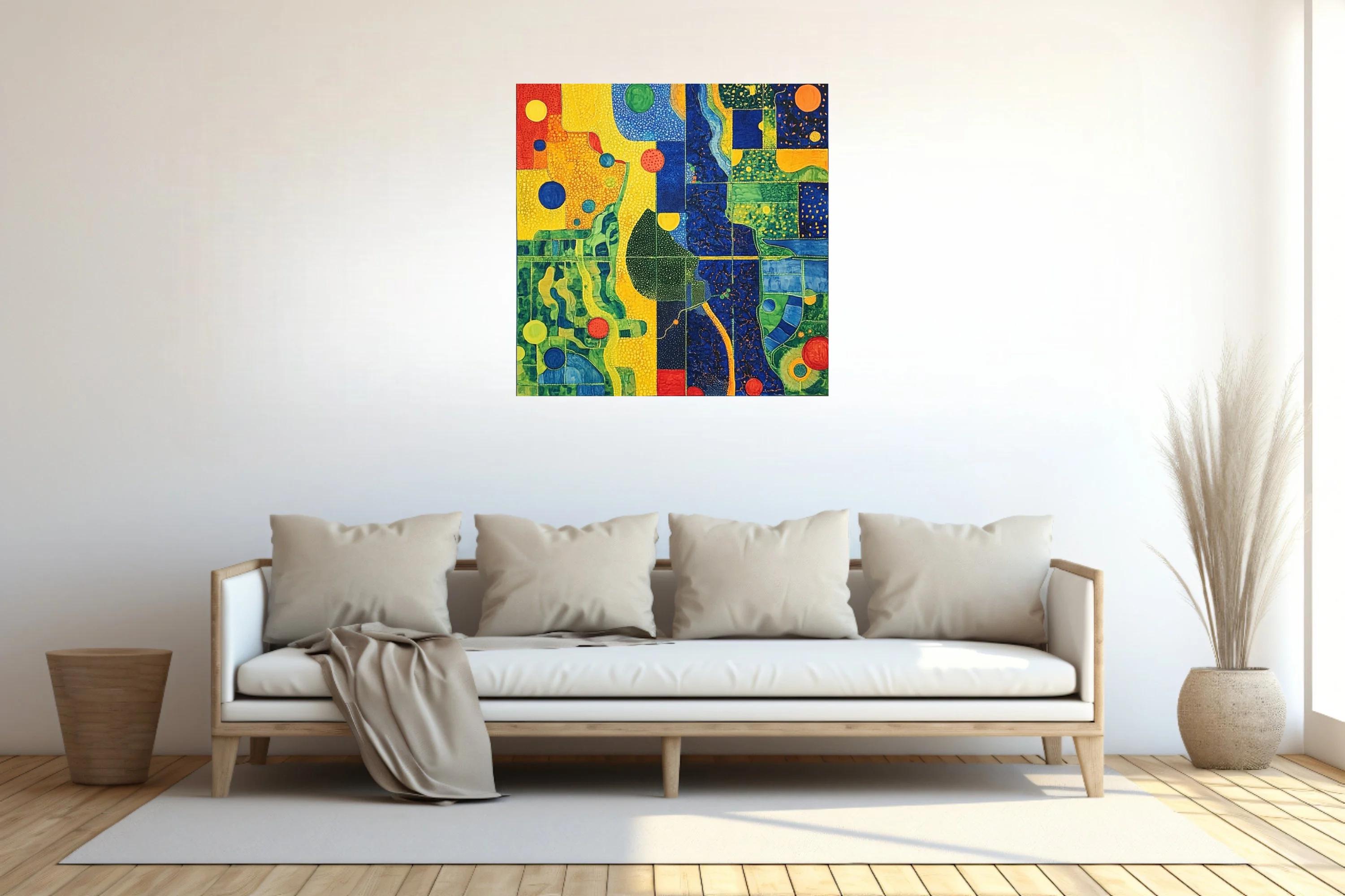 Bold abstract mosaic-style composition with saturated primary palette and organic forms