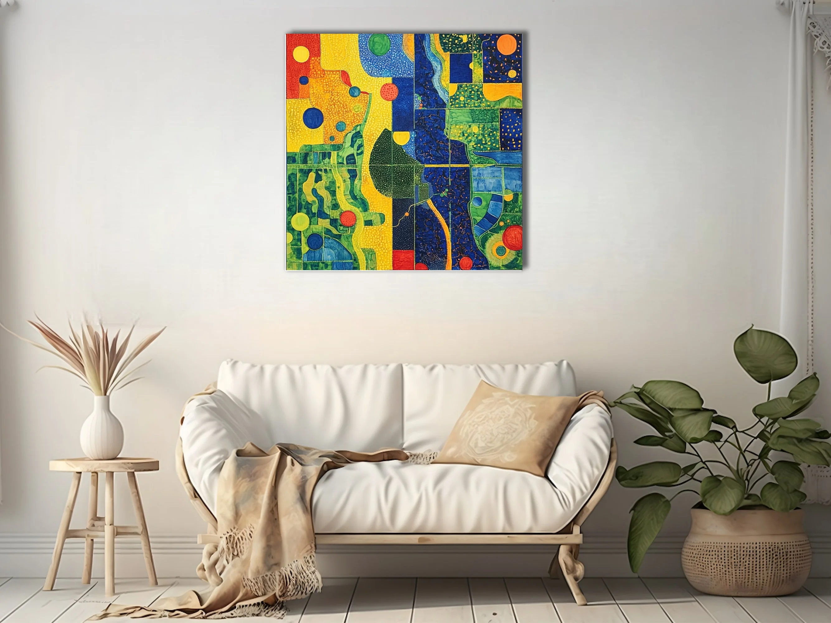 Bold abstract mosaic-style composition with saturated primary palette and organic forms