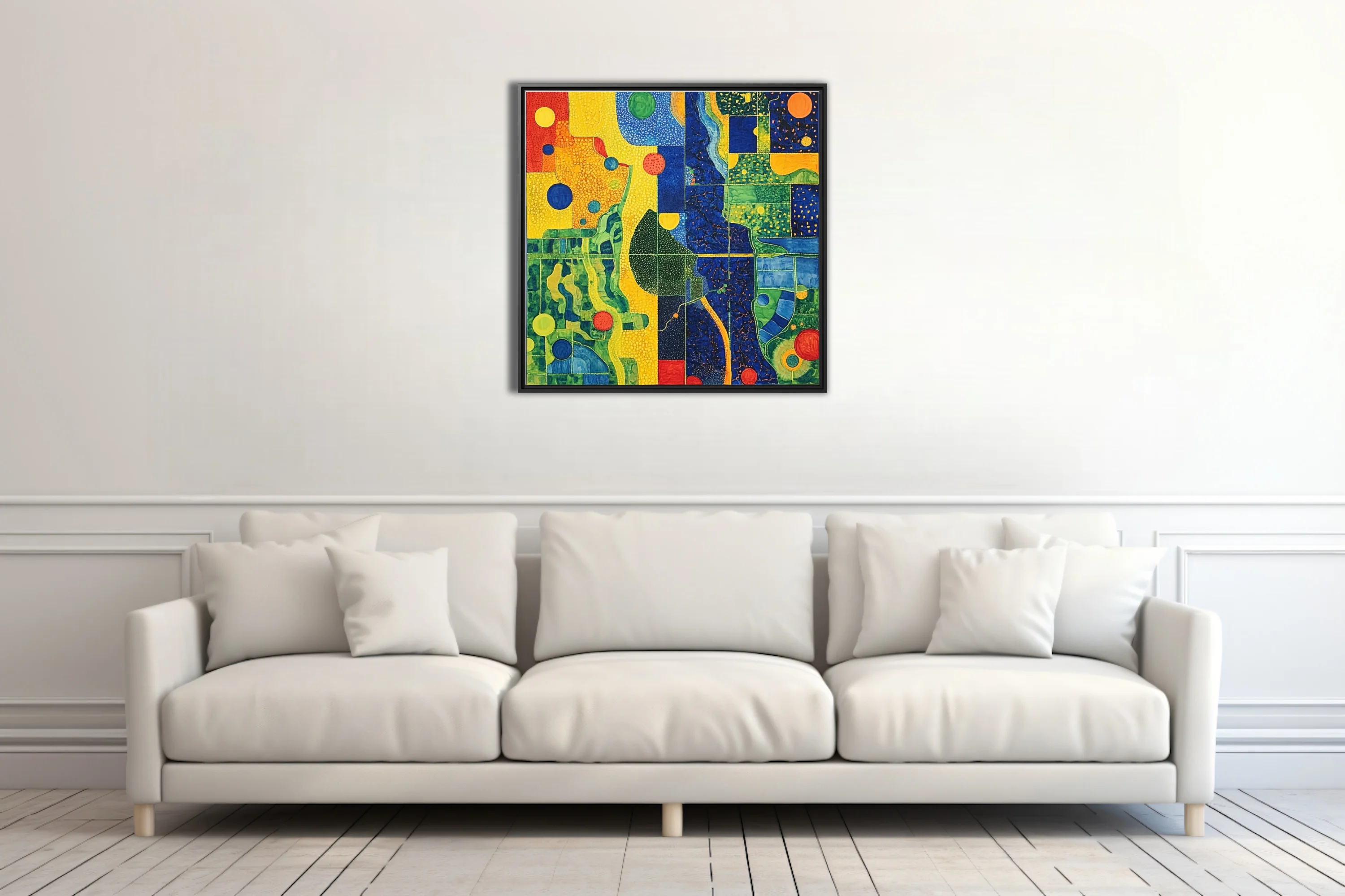 Bold abstract mosaic-style composition with saturated primary palette and organic forms