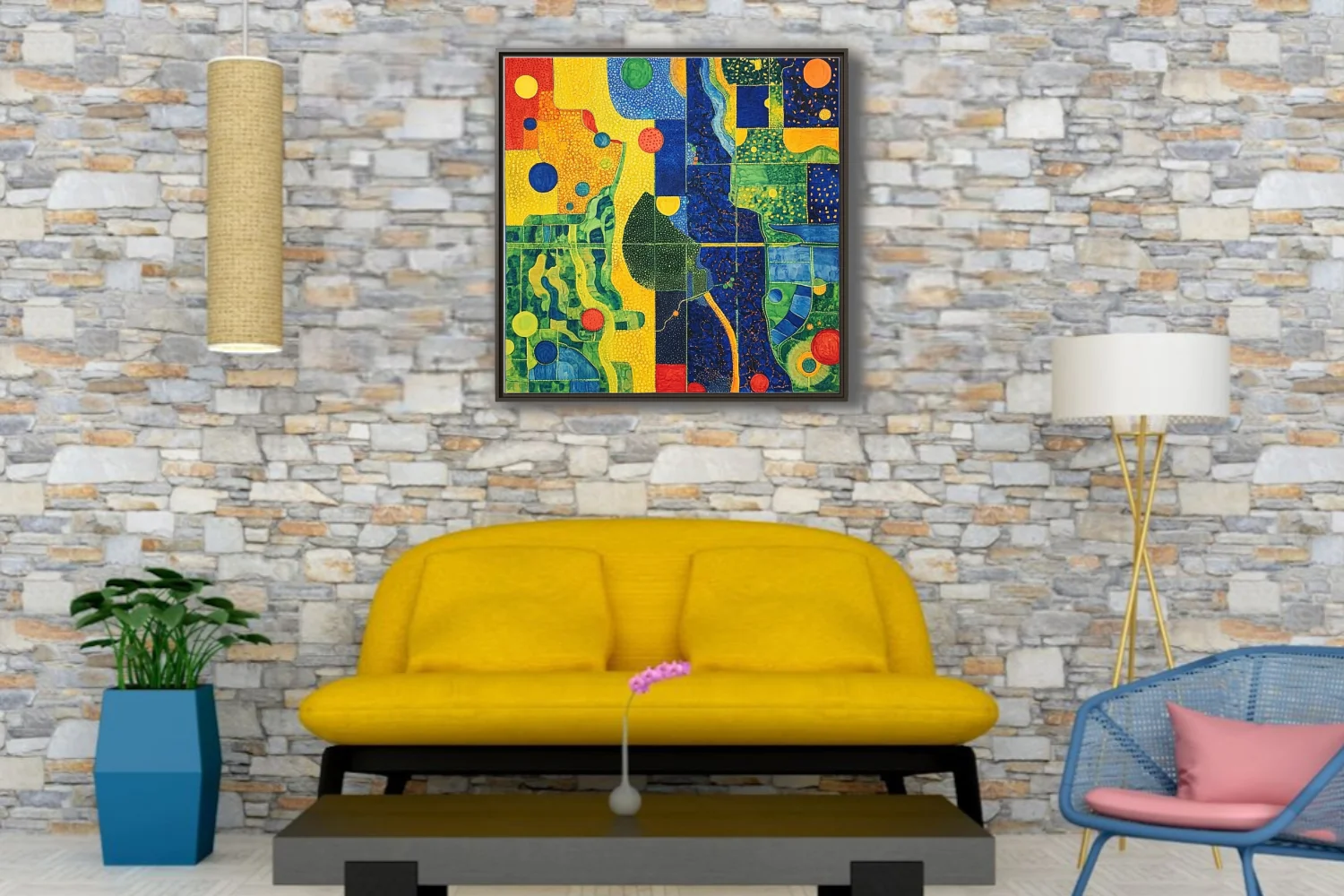 Bold abstract mosaic-style composition with saturated primary palette and organic forms