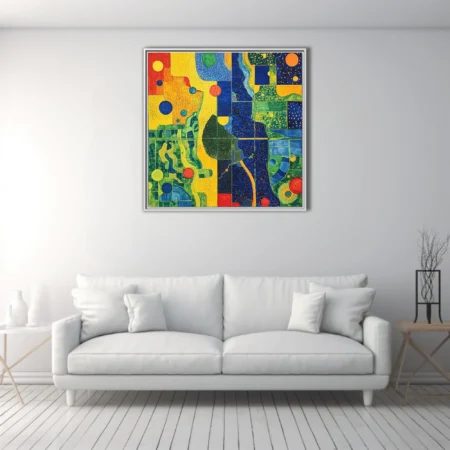 Bold abstract mosaic-style composition with saturated primary palette and organic forms