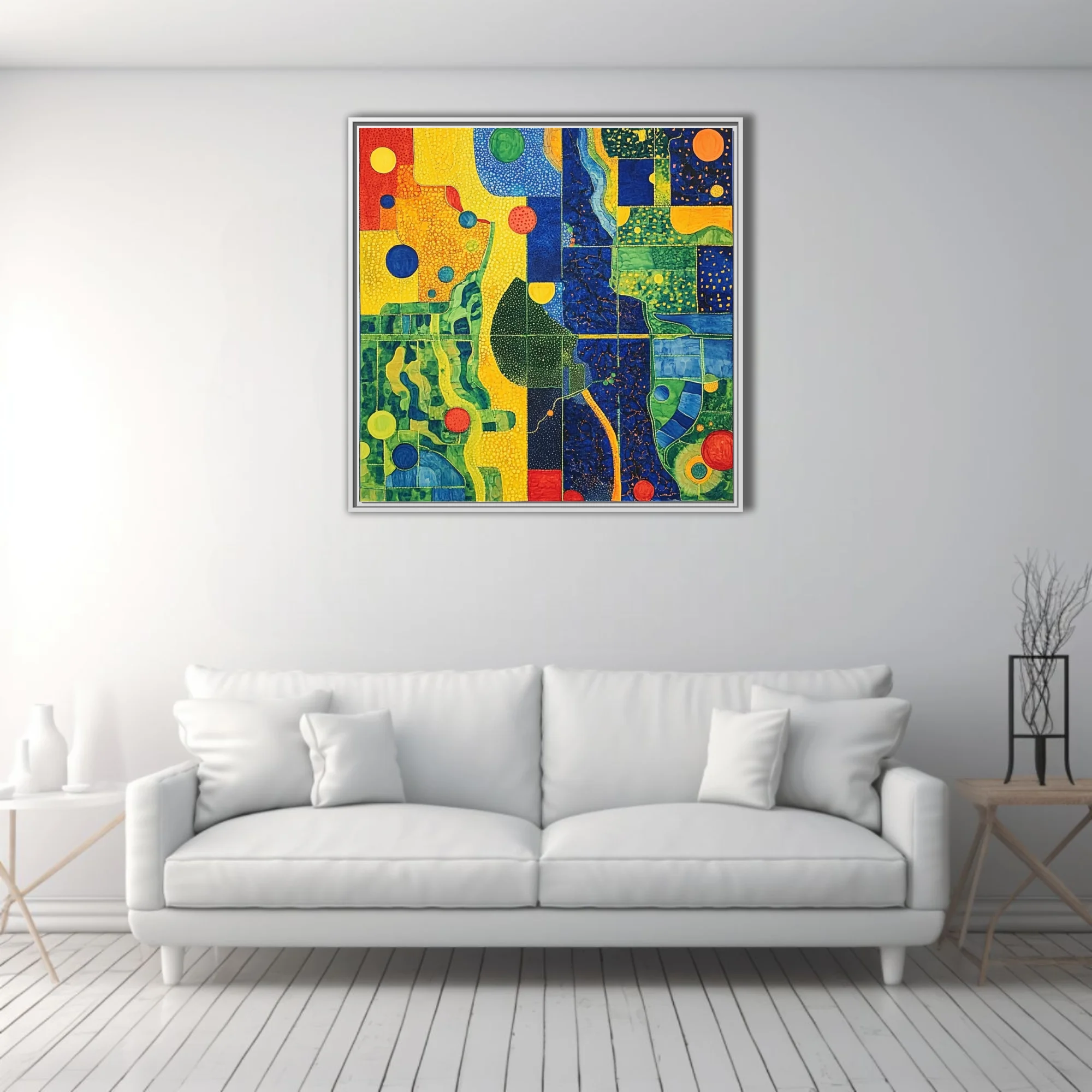 Bold abstract mosaic-style composition with saturated primary palette and organic forms