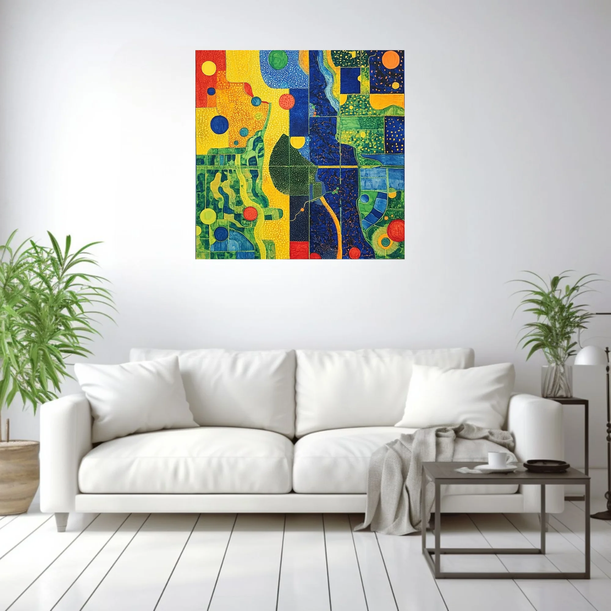 Bold abstract mosaic-style composition with saturated primary palette and organic forms