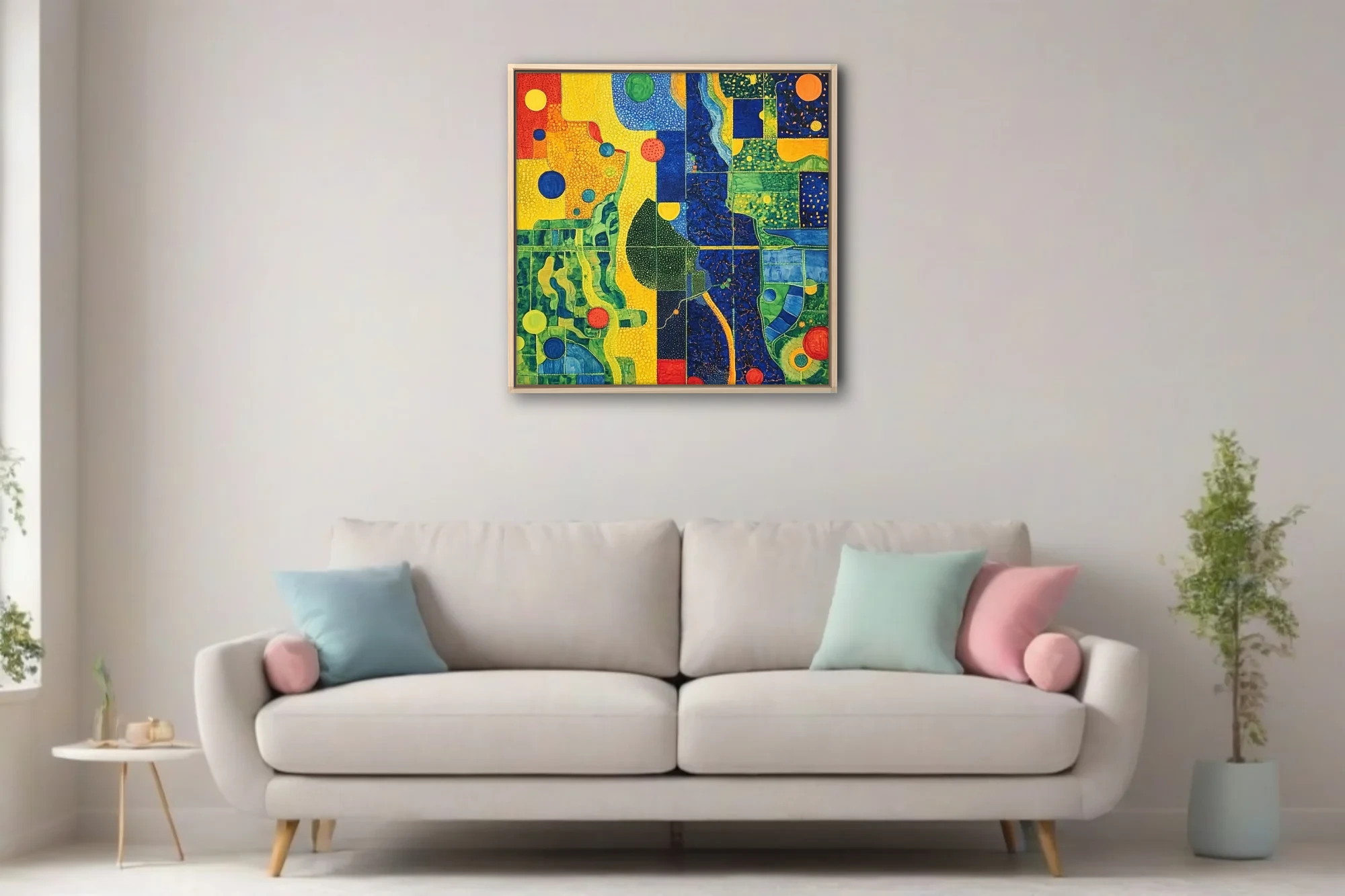 Bold abstract mosaic-style composition with saturated primary palette and organic forms