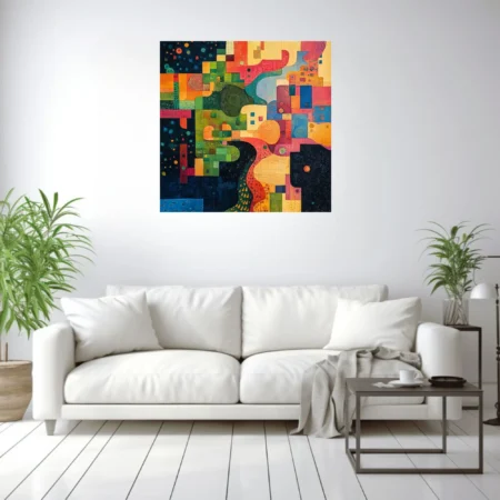 Abstract mosaic composition with jewel tones and biomorphic forms