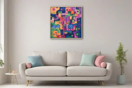 Abstract mosaic in jewel tones with curving geometric forms