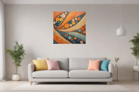 Abstract mosaic art with spiral motifs in orange, teal, and navy quilling-style textures