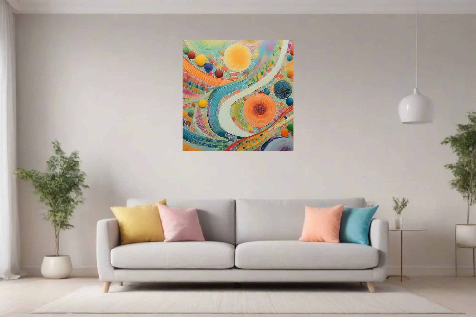 Colorful abstract mosaic swirls with luminous orbs in bold candy-bright palette