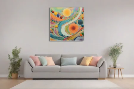 Colorful abstract mosaic swirls with luminous orbs in bold candy-bright palette
