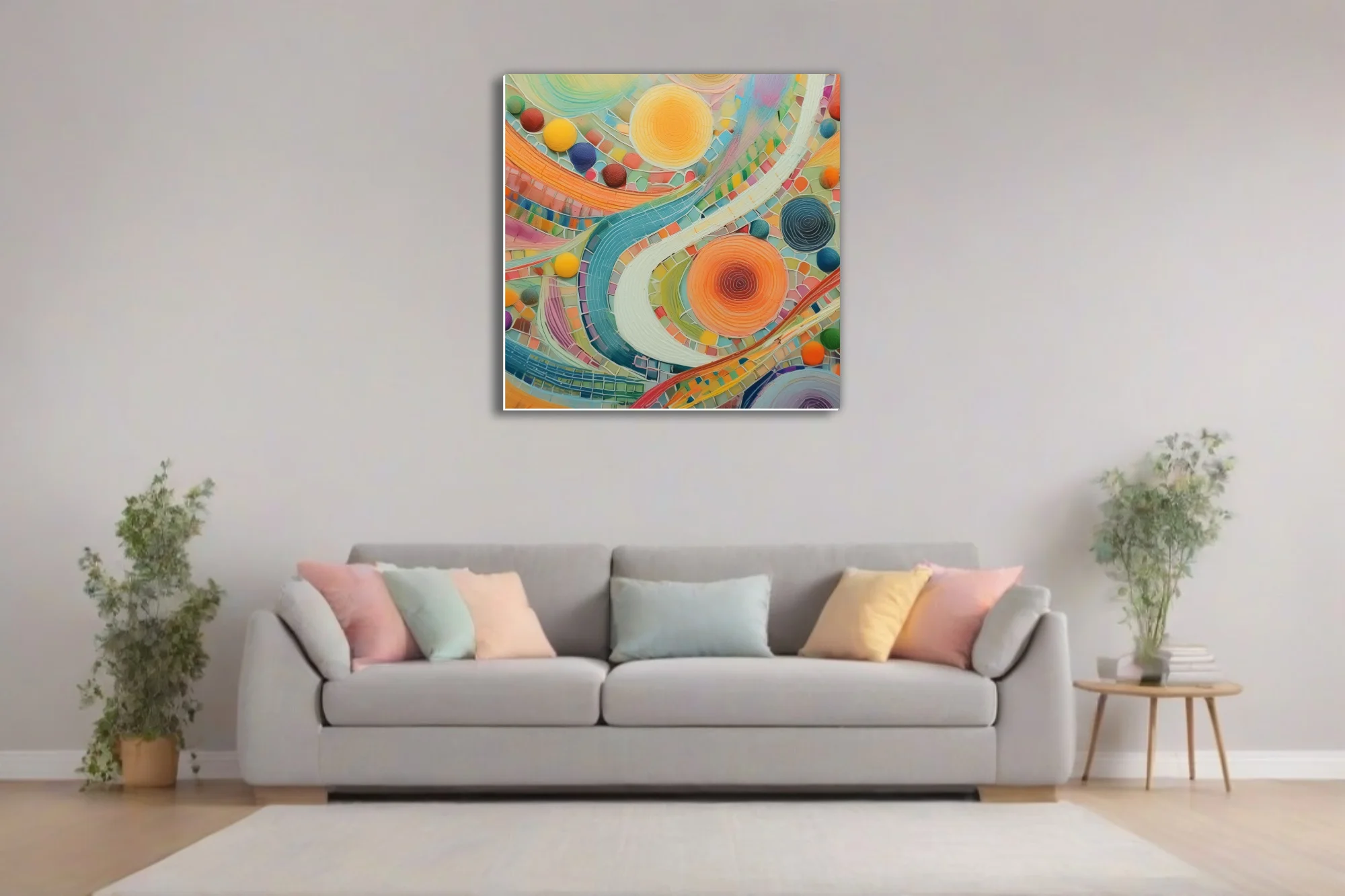 Colorful abstract mosaic swirls with luminous orbs in bold candy-bright palette